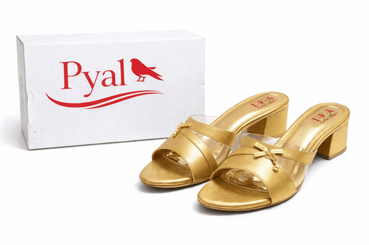 Golden Satin Block Heel Mules for Women PYAL.SHOP