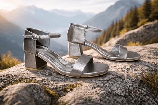 Silver Metallic Block Heel Sandals for Women PYAL.SHOP