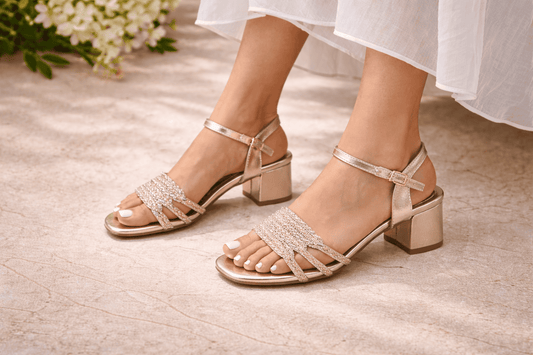Champagne Glow Crystal Block Heel Sandals